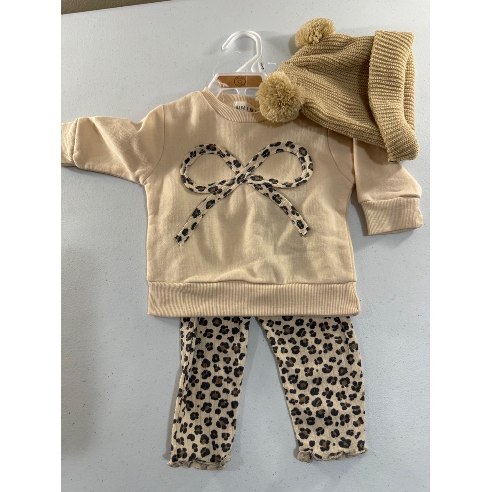 Rabbit + Bear Baby Girl 3PC Set Leopard Bow Sweatshirt Leggings Beanie 0-3M NWT
